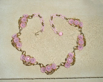 Vintage Rhinestone Pink Celluloid Flower Choker Necklace. Chic! 1950's Jewelry 10059