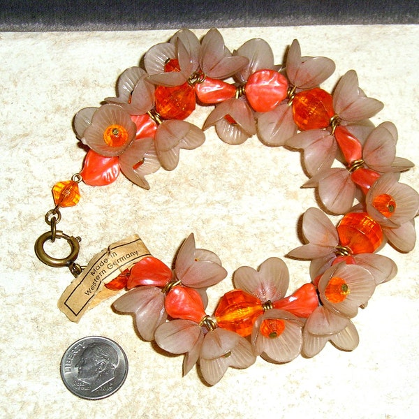 Signed West Germany With Paper Tag Lovely Orange Celluloid And Plastic Flower Bracelet 1960's Vintage Jewelry 20019