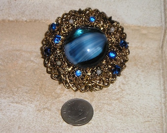 Vintage Signed Made In West Germany Blue Cabochon Art Glass Rhinestone Brooch Pin 1950's Jewelry 55
