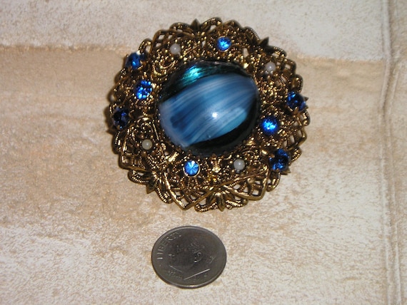 Vintage Signed Made In West Germany Blue Cabochon Art Glass Rhinestone Brooch Pin 1950's Jewelry 55