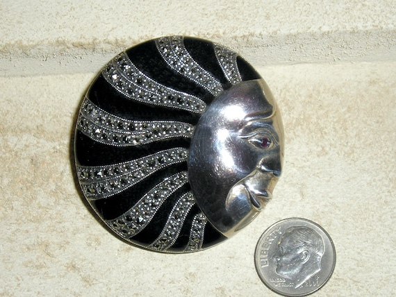 Signed Vintage Sterling Moon Or Sun Face Brooch P… - image 1