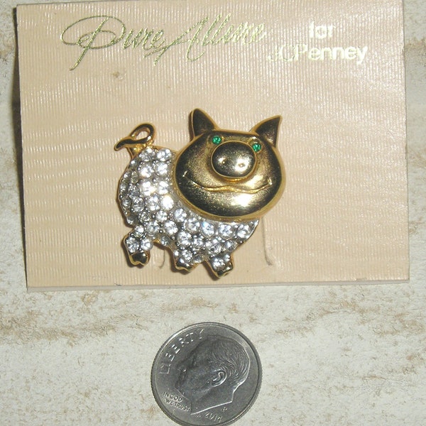 Vintage Pure Allure For JC Penney Smiling Adorable Rhinestone Pig Brooch Pin 1980's Jewelry 11097