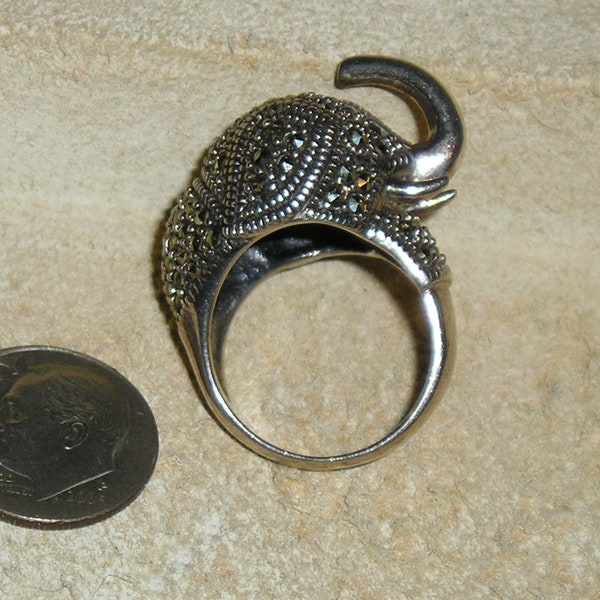 Vintage Signed Thailand Sterling Silver Marcasite Elephant Ring With Tusks 1970's Size 7 Jewelry 129