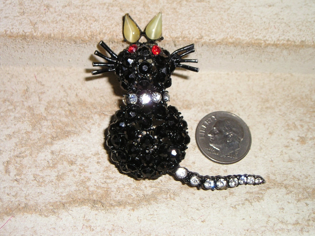 Vintage Black Cat Rhinestone Figural Brooch Pin Attributed to Joseph ...