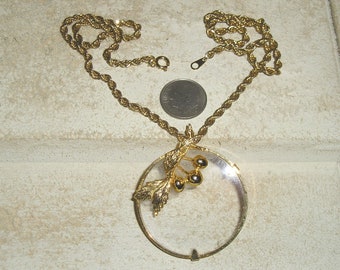 Vintage Glass Magnifier Pendant Necklace With Gold Tone Cherries. Swank 1960's Jewelry 4148