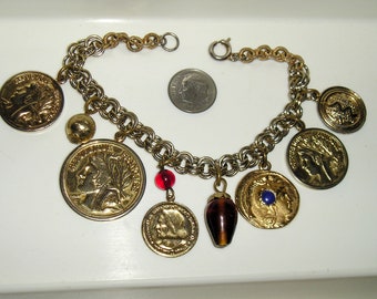 Vintage Roman Coin Charm Bracelet. Distinctive 1960's Jewelry 11057