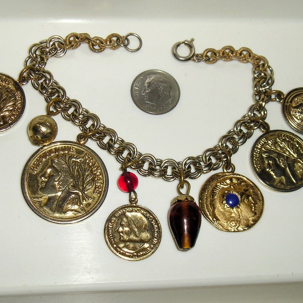 Vintage Roman Coin Charm Bracelet. Distinctive 1960's Jewelry 11057