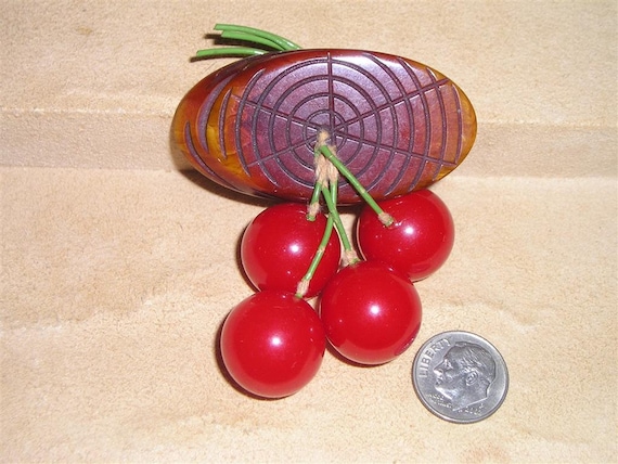 Vintage Bakelite Cherry Dangle Brooch Pin. Safety