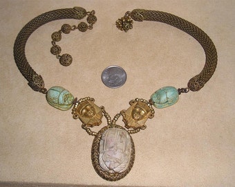Vintage Signed Miriam Haskell Real Egyptian Scarab Necklace With Pharaoh Head King Tut Brass Accents 1970's Choker Jewelry 135