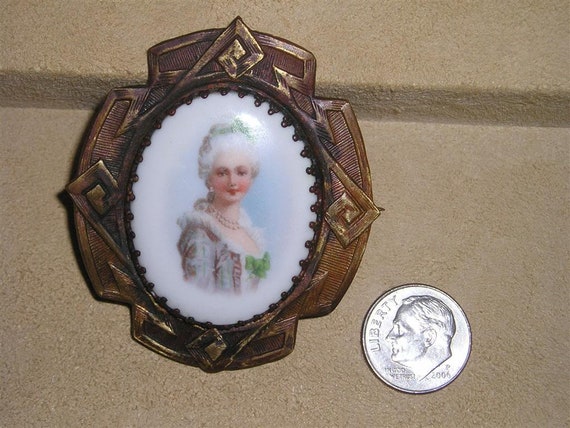 Vintage Art Deco Solid Brass Porcelain Lady Cameo… - image 1