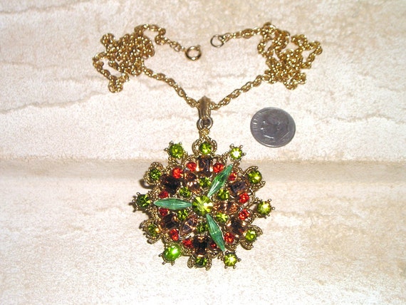 Vintage Green Navette Pendant Necklace With Orang… - image 1