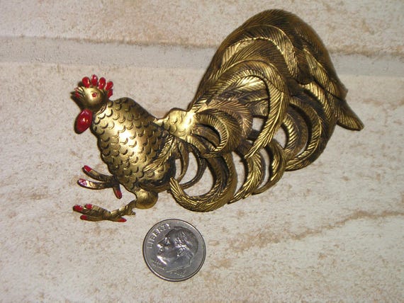 Vintage Magnificent Solid Brass Rooster Chicken B… - image 1