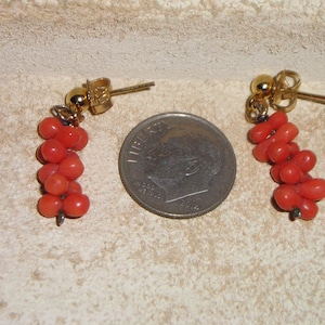 Signed 1/20 12k G.F. Carved Real Salmon Coral Dangle Pierced Earrings 1970&#39;s Vintage Jewelry 11197