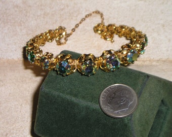 Vintage Green AB Crystal Rhinestone Cuff Bracelet With Safety Chain 1960's Jewelry 55000