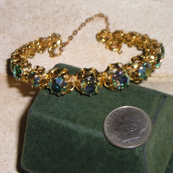 Vintage Green AB Crystal Rhinestone Cuff Bracelet With Safety Chain 1960's Jewelry 55000