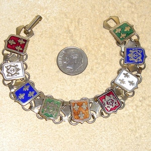Vintage Victorian Revival Fleur De Liz Enamel Panel Bracelet Renaissance 1940&#39;s Jewelry 11110