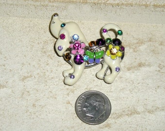 Vintage Rhinestone Enamel Dog With Dimple Brooch Pin With Butterfly And Flower Accents. Adorable 1980's Jewelry 10007
