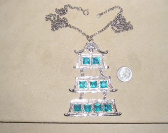 Vintage Large Square Aquamarine Rhinestone Pagoda Pendant Necklace 1950's Jewelry 10026
