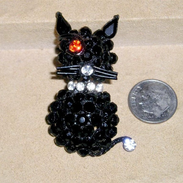 Vintage Winking Black Enamel Rhinestone Cat Brooch Pin Kitten 1950's Jewelry 062