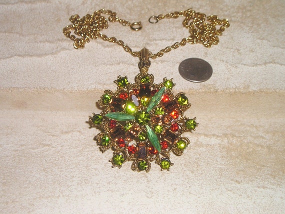 Vintage Green Navette Pendant Necklace With Orang… - image 3