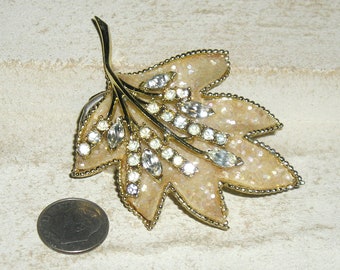 drjewelsvern Signed Coro Rhinestones Glitter Leaf Brooch Pin 1940's Vintage Jewelry 11136