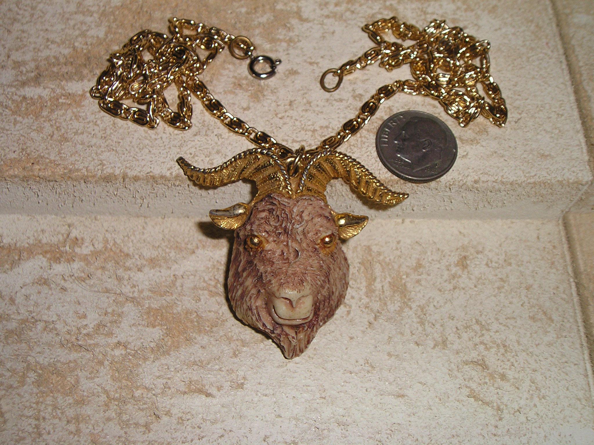 Vintage Signed Razza Ram Goat Head Pagan Necklace 1960's Jewelry