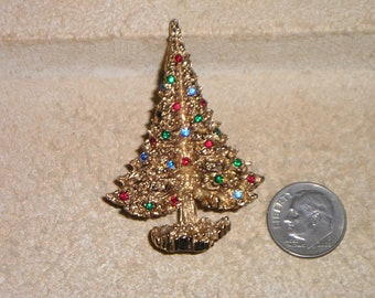 Vintage Signed Eisenberg Christmas Tree Brooch Pin With Red Blue And Green Rhinestones 1970's Jewelry 6070