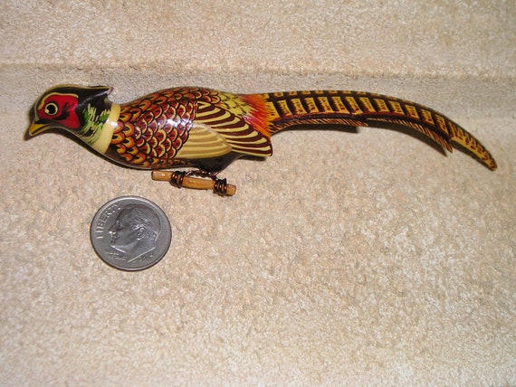 Vintage Hand Painted Wooden Lacquered Pheasant Bird Brooch. A Tribute To Takahashi Craftsmanship. Splendid Detail 1950's Jewelry 147
