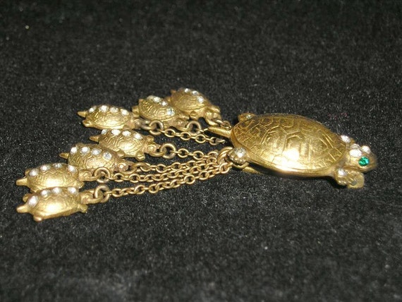 Vintage Whimsical Rhinestone Turtle With Seven Ba… - image 2