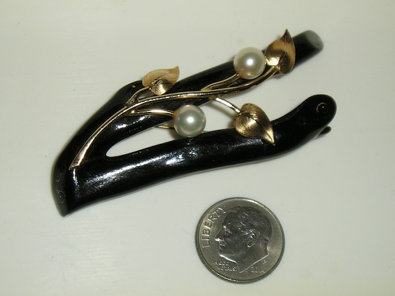 Vintage Real Black Coral Brooch Adorned With 14k … - image 1