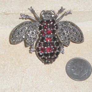 Vintage Signed Sterling Silver Super Bee Red Garnet Gemstone Brooch Pin. Splendid! 1970&#39;s Jewelry 11265