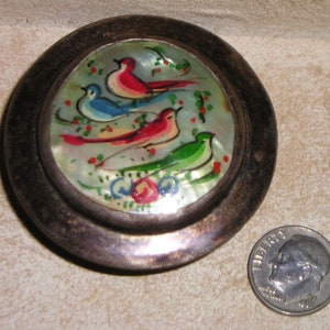Vintage Persian Hand Painted Birds Pill Or Trinket Box Mirror On Inside Jewelry 1940&#39;s 975