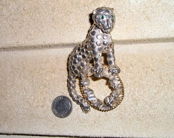 Vintage Large Panther Brooch Green Rhinestone Eyes. Marked GS, 1980's Jewelry 2155