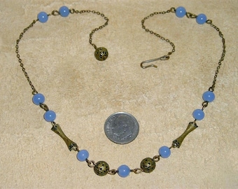 Vintage Solid Brass Filigree Victorian Era Choker Necklace With Sky Blue Glass Bead Accents. Chic! 1890 Jewelry 11269