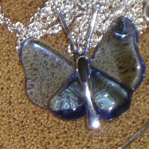 May include: A silver chain necklace with a blue glass butterfly pendant. The butterfly has a detailed design and a silver accent.