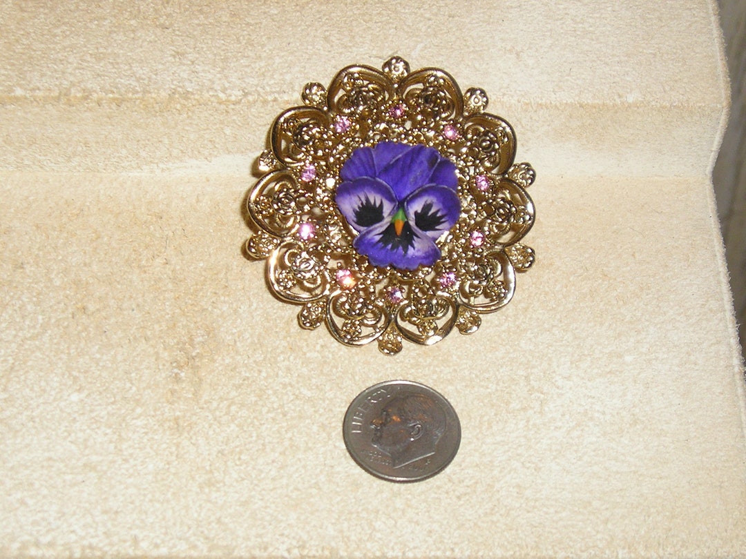 Vintage Pink Rhinestone Brooch Pin With Purple Celluloid Pansy Etsy