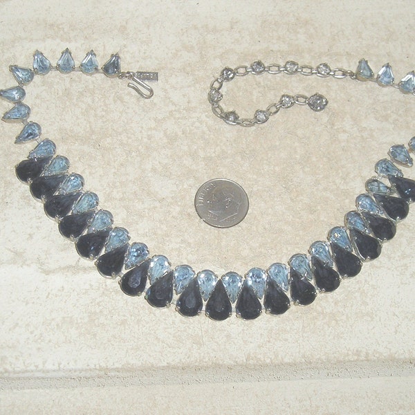 Vintage Signed Volupte Blue Rhinestone Tear Drop Choker Necklace 1960's Jewelry 2180