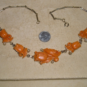 Unsigned West Germany Faux Coral Tulip Flower Choker Necklace With Faux Pearl Accents 1950&#39;s Jewelry a143b