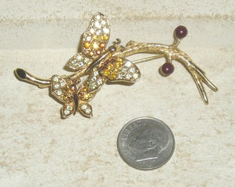 Signed Boucher 9462P Rhinestone Butterflies On Branch Brooch Pin 1960's Vintage Jewelry 3068