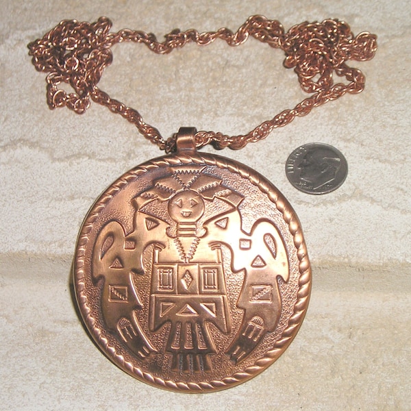 Vintage Signed Solid Copper With Bell Logo (Bell Trading Post) Katchina Dancer Medallion Necklace 1960's Jewelry 1011