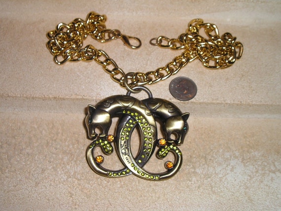 Vintage Rhinestone Big Cat Panther Head Pendant Necklace 1990 s