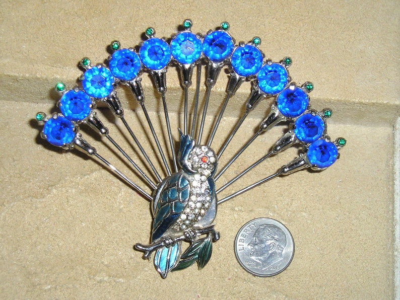 Vintage Interesting Large Enamel Rhinestone Bird Of Paradise Brooch. Parrot Peacock. Attributed To Staret. Circa 1940 Jewelry 2237 image 3