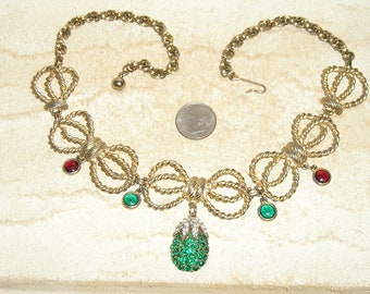 Signed Schiaparelli Green Crystal Egg Shaped Choker Necklace With Bezel Set Glass Accents 1950's Vintage Jewelry 2204
