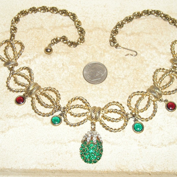 Signed Schiaparelli Green Crystal Egg Shaped Choker Necklace With Bezel Set Glass Accents 1950's Vintage Jewelry 2204