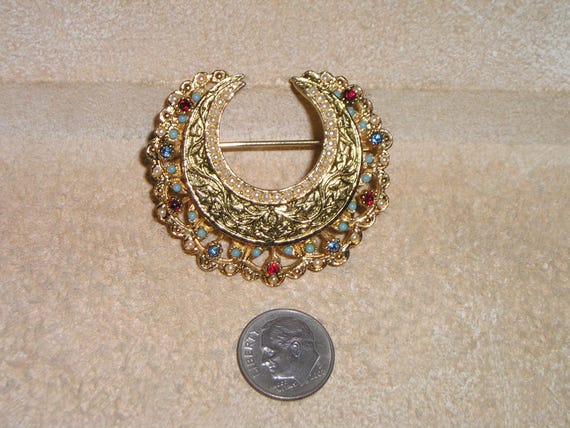 Vintage Signed Art Crescent Shaped Rhinestone Brooch With Faux Turquoise And Pearl Accents. 1960's Jewelry Pin 60024