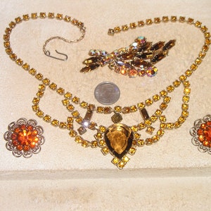 Vintage Lovely Complementary Crystal Rhinestone Topaz Necklace Navette Brooch Clip On Earrings Signed Weiss 1960&#39;s Jewelry AM16