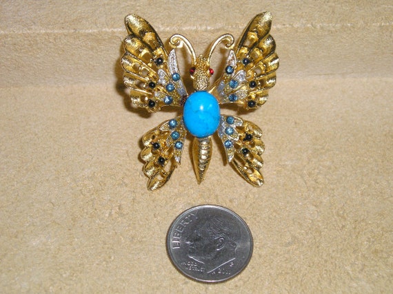 Vintage Rhinestone Butterfly Brooch Pin With Blue… - image 1