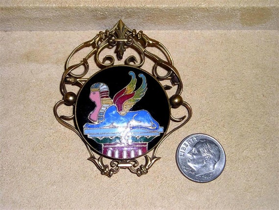Vintage Solid Brass Alloy Egyptian Baked Enamel Winged Sphinx Brooch. Magnificent! 1930's Jewelry 2042