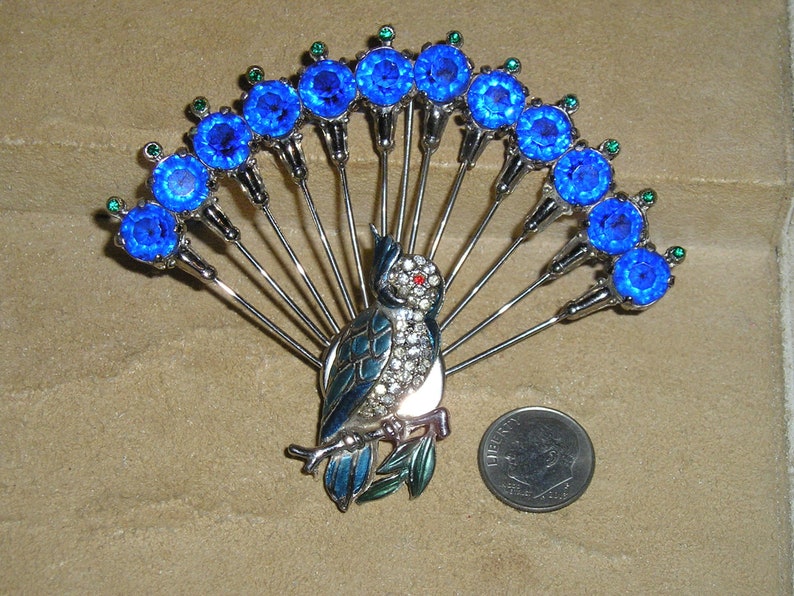 Vintage Interesting Large Enamel Rhinestone Bird Of Paradise Brooch. Parrot Peacock. Attributed To Staret. Circa 1940 Jewelry 2237 image 1