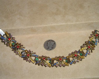 SALE Vintage Art Deco Rhinestone Bracelet 1930's Multi Colored Stones Jewelry 4149